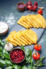 top view yummy pancakes on blue background sweet dough cake pastry meat breakfast color pies bake