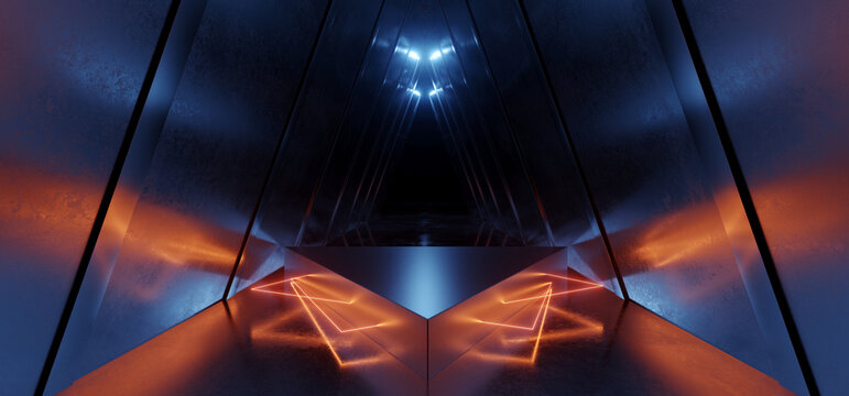 Sci Fi Futuristic Cyber Stage Podium Alien Triangle Orange Glowing Laser Neon Lights Corridor Hallway Tunnel Metal Concrete Tiles Realistic Dark 3D  Rendering