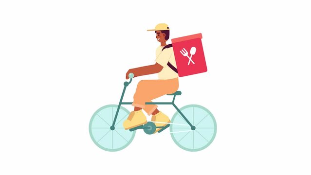 Food delivery on bicycle animation. Guy transporting prepared meals in backpack isolated 2D cartoon flat character 4K video footage on white background with alpha channel transparency for web design
