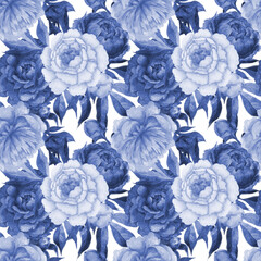 Seamless floral pattern with peonies on white background, watercolor illustration, for textiles, interior, clothes, wallpaper, Elegant Monochrome Classic Print, Plants and Leaves Texture Background