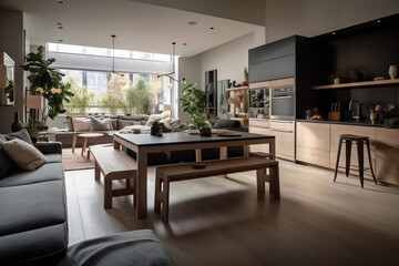 Fototapeta premium A Living Room With A Couch Table And Chairs In It Living Room Panoramic Photography Interior Design Generative AI