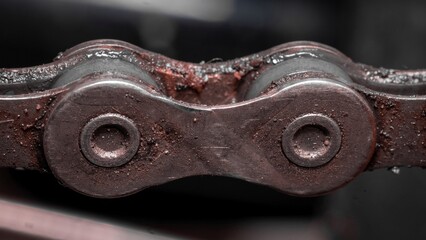 Outer part of a bicycle chain covered in dirt, grease and debris