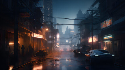 Naklejka premium Night cyberpunk city street