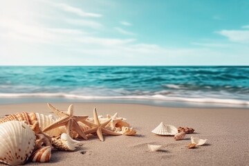 Fototapeta na wymiar sea shells and starfish on the beach, aigenerative