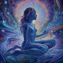 A visionary digital painting depicting a serene figure in a meditative pose, with mesmerizing waves of psychic energy radiating from their mind. - Generative AI