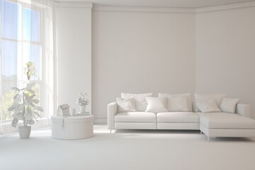 Modern interior concept with sofa and summer landscape in window. 3D illustration