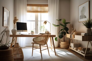 Fototapeta premium A Home Office With A Desk Chair And Potted Plant Rustic Farm Interior Photorealism Interior Design Generative AI