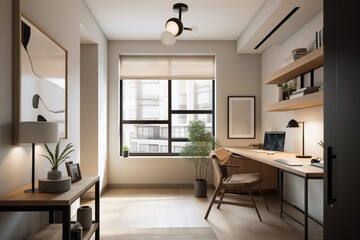 Fototapeta premium A Room With A Desk Chair And A Window With A View Bedroom Photorealism Interior Design Generative AI