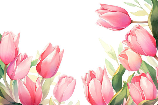 Vector watercolor banner with beautiful framed tulip flowers for spring or summer holiday, women's day, mother's day, wedding.