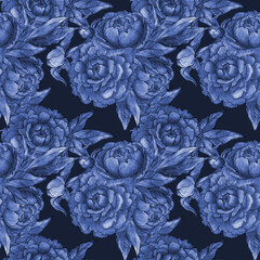Seamless pattern with different peonies and leaves on a dark background, Floral Textile Design, Elegant Monochrome blue Print, Plants and Leaves Texture Background