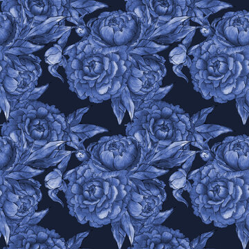 Seamless pattern with different peonies and leaves on a dark background, Floral Textile Design, Elegant Monochrome blue Print, Plants and Leaves Texture Background