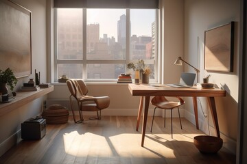 A Room With A Desk Chair And Window With A View Of The City Conference Room Photorealism Interior Design Generative AI