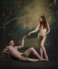 Cinematic portrait, replica of picture Adam and Eve. Man and woman in image of famous characters over vintage style background. Gentle touch
