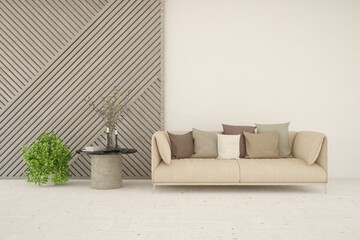 White living room with sofa. Scandinavian interior design. 3D illustration