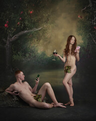 Cinematic portrait of picture Adam and Eve. Man and woman, famous characters holding wine glasses and looking at smartphones on vintage background. Boring party - obrazy, fototapety, plakaty