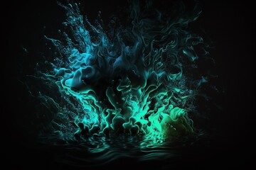 Abstract blue and green glowing smoke on dark background. AI generated