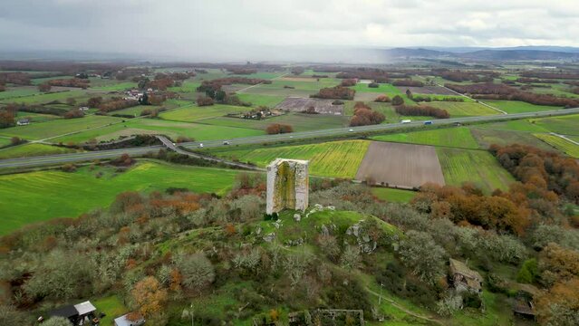 Panoramic aerial view of Sandiás tower, ourense, spain, cloudy day