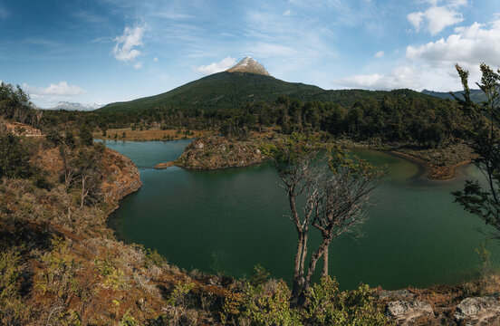 Beautiful landscape of laguna verde, lenga forest, mountains at Tierra del Fuego National Park, Patagonia, autumn