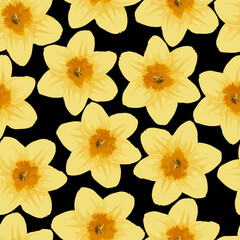 Seamless pattern with yellow narcissus flowers on black background.