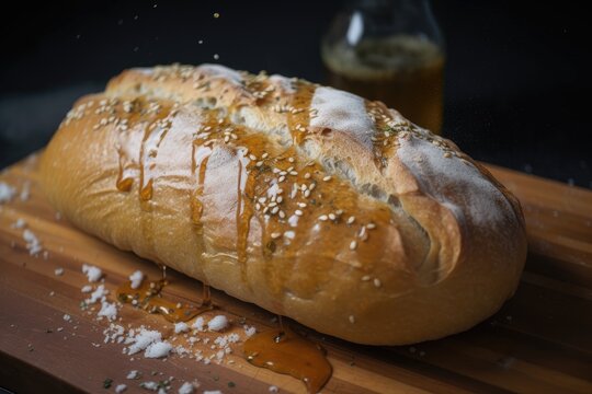 loaf of bread with sprinkle of salt and a drizzle of olive oil, created with generative ai