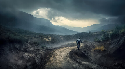 Obraz premium Mountainbiker bei schlechtem Wetter im Gelände Mountainbiking im Wald Trail Sommer Winter Illustration Digital Art Generative AI Hintergrund Sport Leistung Action