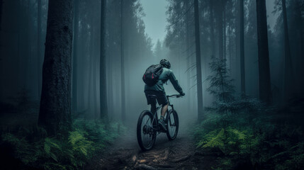Naklejka premium Mountainbiker bei schlechtem Wetter im Gelände Mountainbiking im Wald Trail Sommer Winter Illustration Digital Art Generative AI Hintergrund Sport Leistung Action