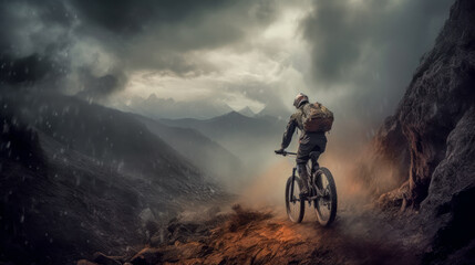 Fototapeta na wymiar Mountainbiker bei schlechtem Wetter im Gelände Mountainbiking im Wald Trail Sommer Winter Illustration Digital Art Generative AI Hintergrund Sport Leistung Action
