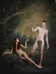 Eve's hand holding the forbidden fruit, apple to tempting Adam in the garden of Eden over vintage style background. Seduction - obrazy, fototapety, plakaty