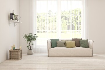 Bright interior design with modern furniture and summer landscape in window. 3D illustration