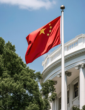 Chinese flag at the White House in Washington DC. China taking the lead in economy over the US. Generative Ai image
