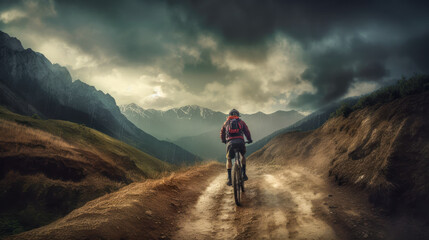Obraz premium Mountainbiker bei schlechtem Wetter im Gelände Mountainbiking im Wald Trail Sommer Winter Illustration Digital Art Generative AI Hintergrund Sport Leistung Action
