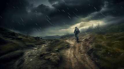 Obraz premium Mountainbiker bei schlechtem Wetter im Gelände Mountainbiking im Wald Trail Sommer Winter Illustration Digital Art Generative AI Hintergrund Sport Leistung Action