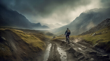 Obraz premium Mountainbiker bei schlechtem Wetter im Gelände Mountainbiking im Wald Trail Sommer Winter Illustration Digital Art Generative AI Hintergrund Sport Leistung Action