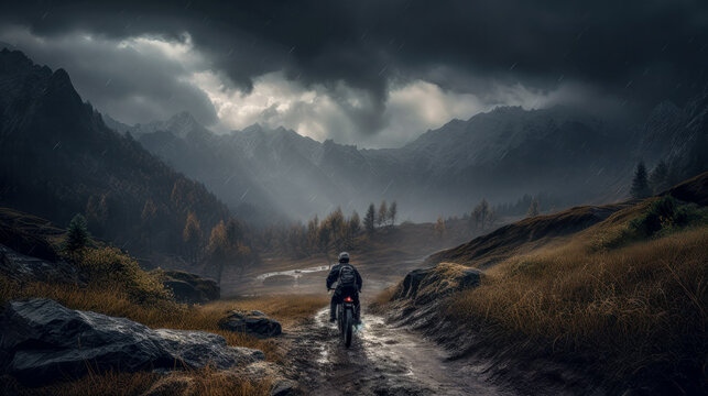 Mountainbiker bei schlechtem Wetter im Gel&auml;nde Mountainbiking im Wald Trail Sommer Winter Illustration Digital Art Generative AI Hintergrund Sport Leistung Action