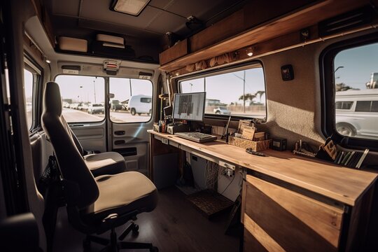 A Desk And Chair In A Small Vehicle With A View Of The Street Car Repair Shop Time-lapse Photography Solo Travel Generative AI