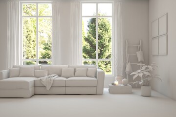 Grey living room concept with sofa and summer landscape in window. Scandinavian interior design. 3D illustration