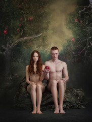 Cinematic portrait of new Adam and Eve. Young man and woman, famous characters holding forbidden fruit, apple on vintage background - obrazy, fototapety, plakaty