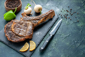 front view fried meat slice on dark background meat food dish fry color animal rib dinner cooking...