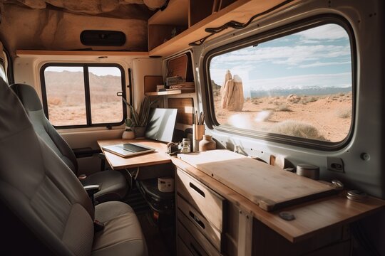 A Camper With A Desk And A Window In The Back Desert Travel Photography Solo Travel Generative AI