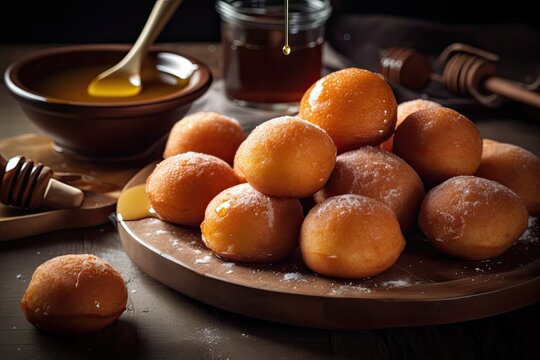 Homemade Greek Loukoumades Dough Balls With Honey, ai generative