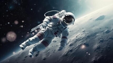 3D realistic, an astronaut in a spacesuit flies in space against the background of the planet.. Created with generative AI