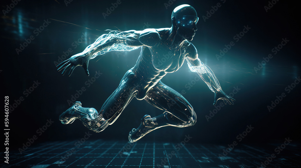 Poster cyborg running with futuristic technology concept. generative ai