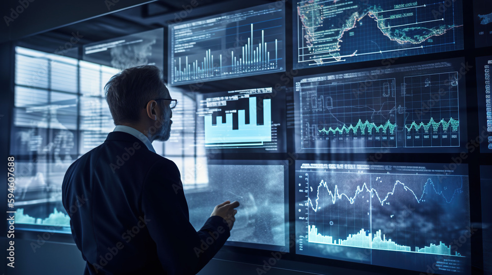 Poster side view of mature businessman looking at virtual panel with graphs and diagrams, generative ai