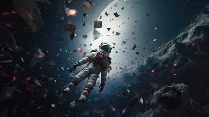 Obraz na płótnie Canvas 3D realistic, an astronaut in a spacesuit flies in space against the background of the planet.. Created with generative AI