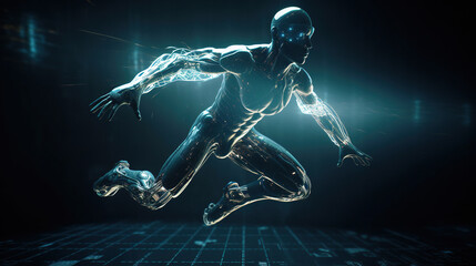 Fototapeta na wymiar Cyborg running with futuristic technology concept. Generative AI