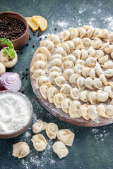 front view little raw dumplings with flour on a dark background meat dough food dish calorie meal color bake vegetable