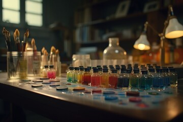 A Table With A Lot Of Bottles And A Lot Of Paint Distillery Jewelry Making Fragrances Generative AI