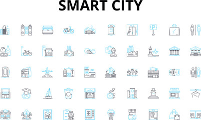 Smart city linear icons set. Innovations, Sustainability, Connectedness, Efficiency, Technology, Mobility, Accessibility vector symbols and line concept signs. Livability,Safety,Interoperability