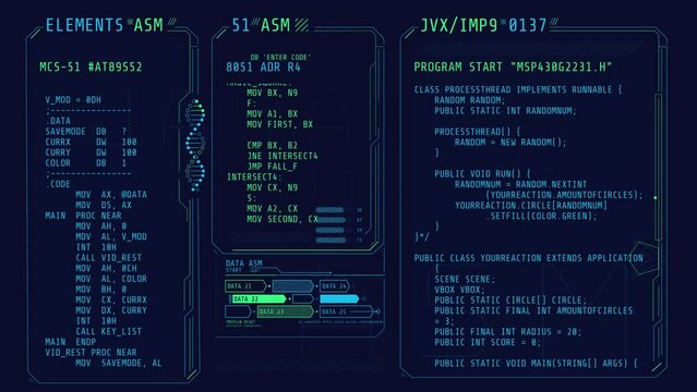 Animated poster of HUD interface with coding elements.