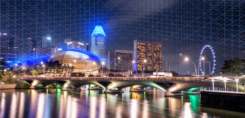 City view of Singapore with digital illustration lines, business background theme.